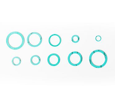 Das Bild zeigt eine Anordnung von insgesamt zehn türkisfarbenen Dichtungsringen aus Unitec-Material in verschiedenen Größen, die in zwei Reihen vor einem weißen Hintergrund liegen