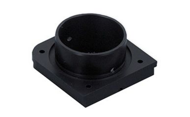 Ein robustes Anschlussstück aus schwarzem Kunststoff besteht aus einer quadratischen Grundplatte mit vier Montagebohrungen und einem zentralen, zylindrischen Aufsatz.