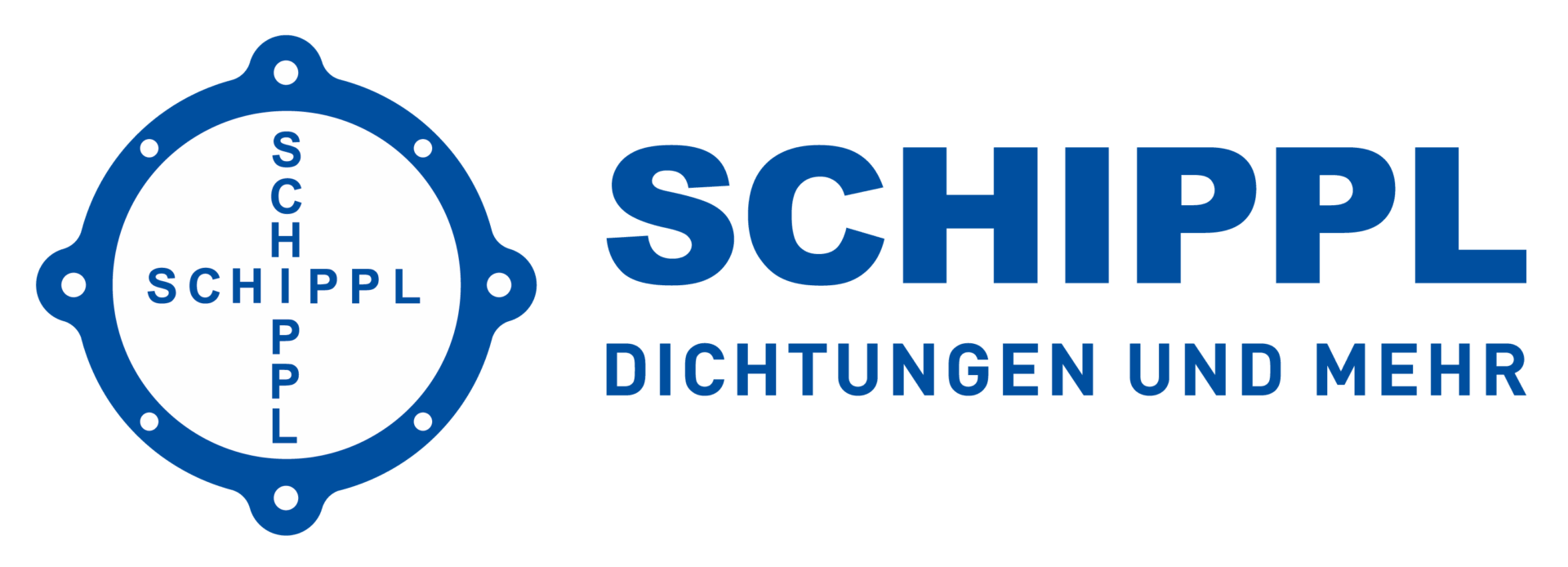 Das Bild zeigt das SCHIPPL Logo mit einem großen, dunkelblauen Schriftzug, darunter der Text DICHTUNGEN UND MEHR und links ein blau umrandeter Kreis mit dem vertikal geschriebenen Namen SCHIPPL in der Mitte.