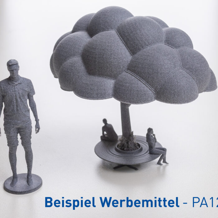 Beispiel Werbemittel aus der 3D Abteilung. Baum und 3d Scan eines Mitarbeiters